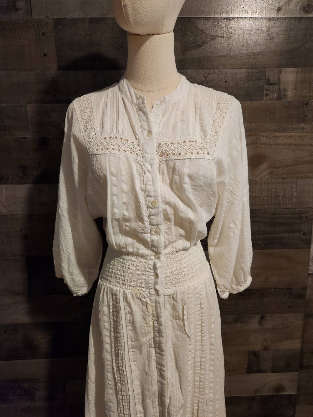 Cleobella White Button-Front Maxi Dress with Smocked Waist - S